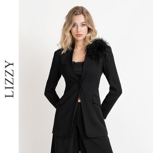 LIZZY早秋V领西装外套女长袖优雅时尚西装外套西服上衣配胸花8006 商品图0