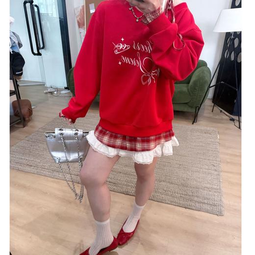 2025新品 软软同款【童话少女】韩版时尚百搭斜肩系带辣妹假两件套头卫衣 商品图1