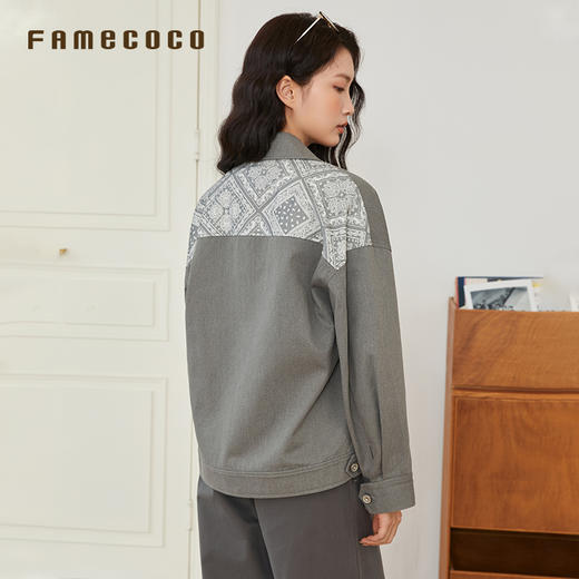 Famecoco范可儿上衣外套纯棉长款拼接时尚碎印花翻领女FAB6AB002 商品图4