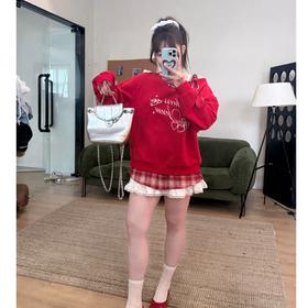 2025新品 软软同款【童话少女】韩版时尚百搭斜肩系带辣妹假两件套头卫衣