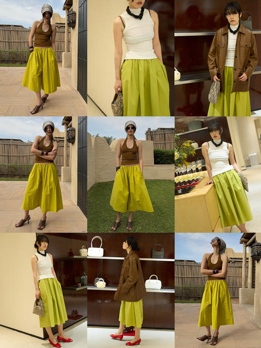 HIDEMI【当当同款】 浅春系甄选长绒棉极简设计感花苞压褶圆领廓形衬衫裙裤套装 白色/有机青柠绿  衬衫/裙裤 商品图1