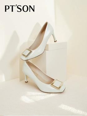 PT‘SON百田森 红色婚鞋女2025新款新娘鞋子女鞋配裙子牛漆皮rv方扣单鞋子