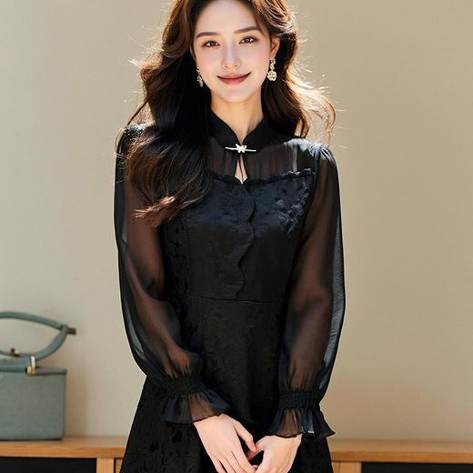 奢姿2025年春季新款大码女装气质优雅立领连衣裙遮肚藏肉裙子9951857172 商品图2