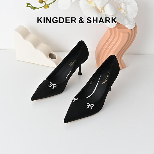 经典鲨2025春季新品黑色优雅尖头7cm气质细高跟鞋浅口单鞋女KW198-517051 商品图0