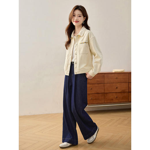 【年货节】熙世界工装风口袋绣花牛仔外套女春秋新款100%新疆棉短款夹克上衣 商品图4