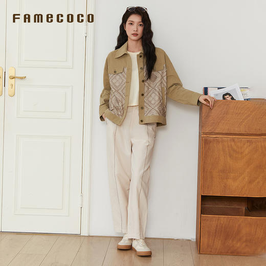 Famecoco范可儿上衣外套纯棉长款拼接时尚碎印花翻领女FAB6AB002 商品图3