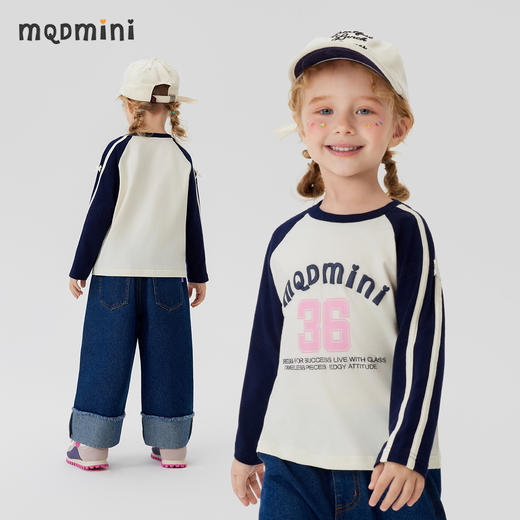 【清仓捡漏】【90-140】【MQDmini】女童春秋t恤长袖双色织带上衣 商品图0