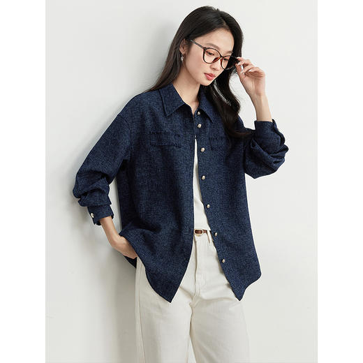 【年货节】熙世界藏青色小香风衬衫外套女2025春新款宽松设计感流苏长袖衬衣 商品图2