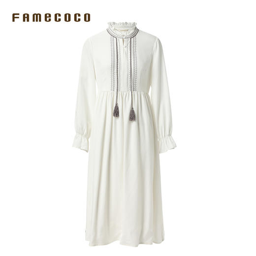 Famecoco女装连衣裙高腰长裙花瓣袖花边领女FAB6FA012 商品图3