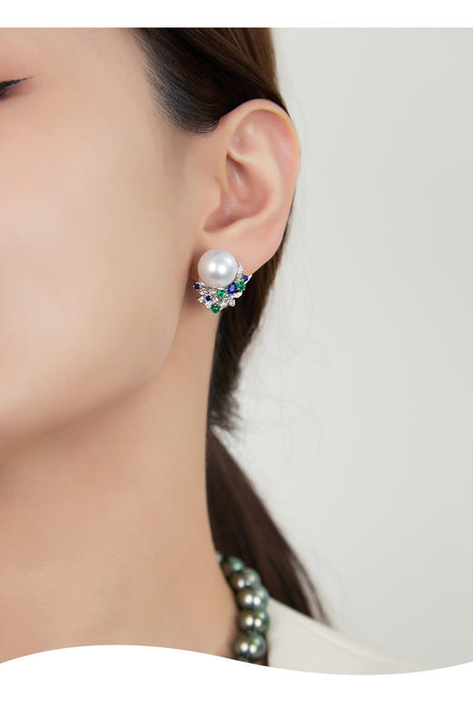 【挚友限定】 悦甄 18k金 澳白珍珠钻石彩宝耳夹 锦绣 商品图2