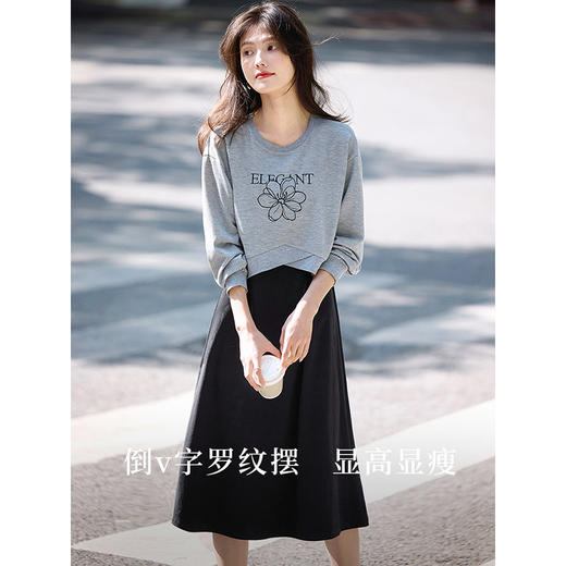 【年终特卖】熙世界春季套装女2025新款灰色花朵短款针织卫衣背心连衣裙两件套 商品图4