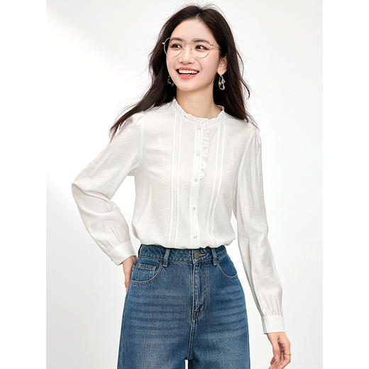 【99元福袋不支持退换】熙世界法式花边立领白衬衫女2025春秋新款浪漫优雅轻熟风长袖上衣 商品图3
