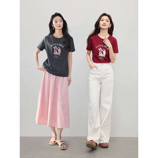 【专属特价】熙世界猫咪印花短袖T恤女2025春夏新款美式正肩体恤圆领别致上衣 商品图3