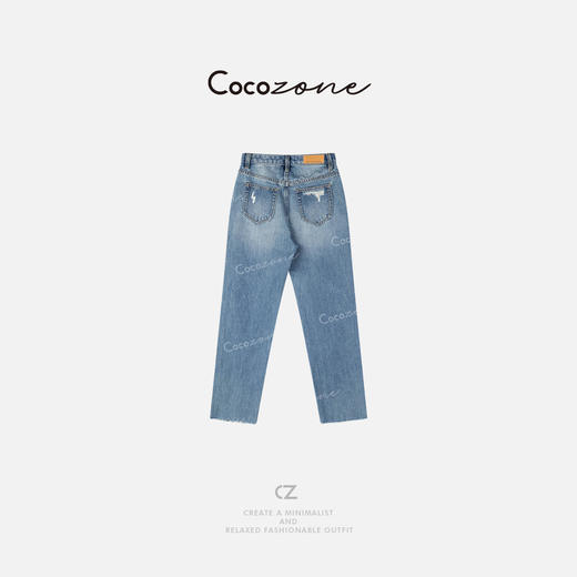 COCO ZONE 蓝色设计感破洞直筒显瘦小脚牛仔裤ACD1A0203 商品图1