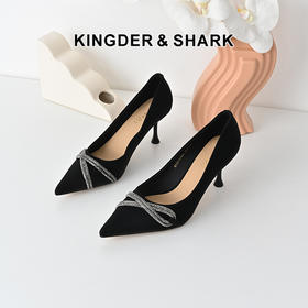 经典鲨2025年春季新品黑色优雅尖头7cm时尚水钻细高跟鞋子女KW198-517021