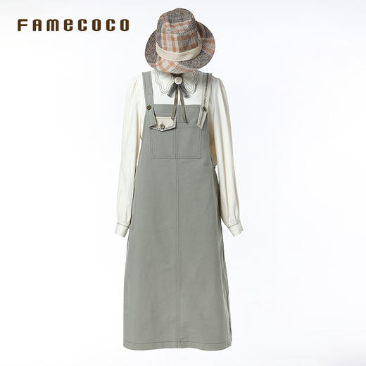 Famecoco文艺范明线宽松直筒纯棉背带连衣裙春秋款FAB6FE001 商品图4
