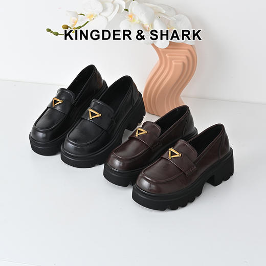 经典鲨2025年春季新品百搭圆头英伦风一脚蹬中粗跟乐福鞋女KW388-517021 商品图0