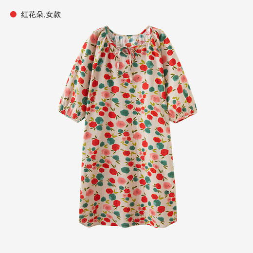 【全棉双层纱】2025新款文艺风春夏女士纯棉纱布睡裙 圆领系带七分袖睡衣大码长裙 商品图5