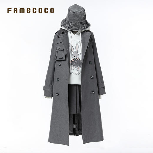 Famecoco范可儿风衣长款双排扣高腰撞色翻领外套通勤FAB6AT005 商品图4