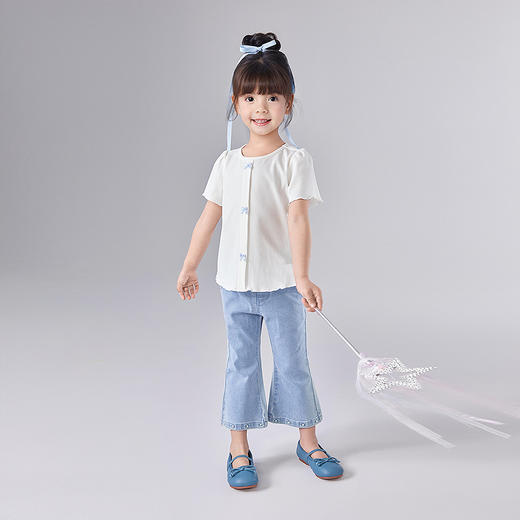 笛莎Deesha 童装女童T恤2025夏新款女童学院风蝴蝶结圆领T恤 商品图2