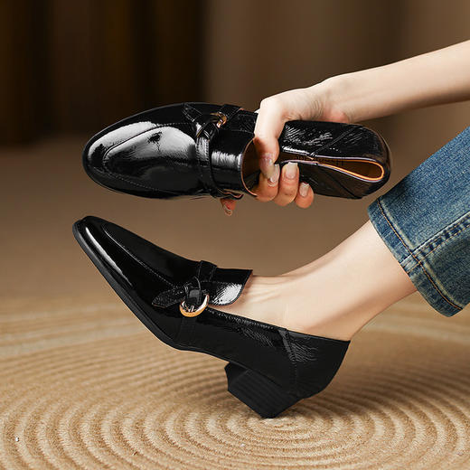 【预售5天】四季女鞋新款百搭头层羊皱软漆皮乐福瓢鞋粗跟小皮鞋LD&7256 商品图3