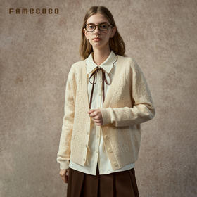 Famecoco范可儿宽松V领绵羊毛针织开衫通勤杏色外套FAC8DE013