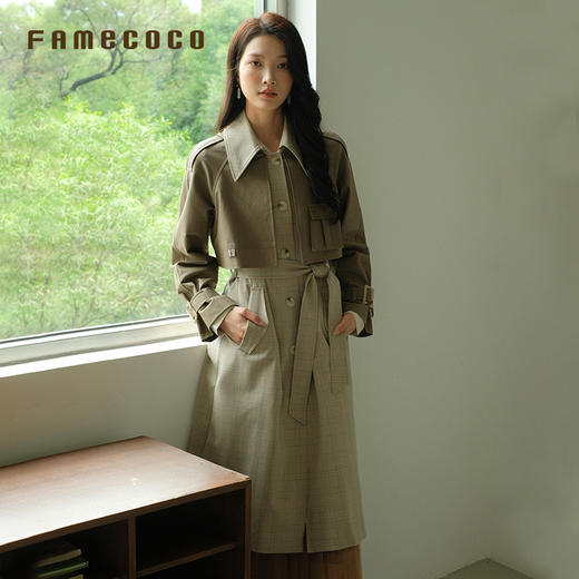 Famecoco商场同款风衣长款假两件拼接高腰翻领通勤春款FAB6AT004 商品图0