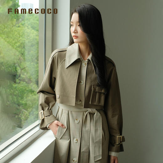 Famecoco商场同款风衣长款假两件拼接高腰翻领通勤春款FAB6AT004 商品图4