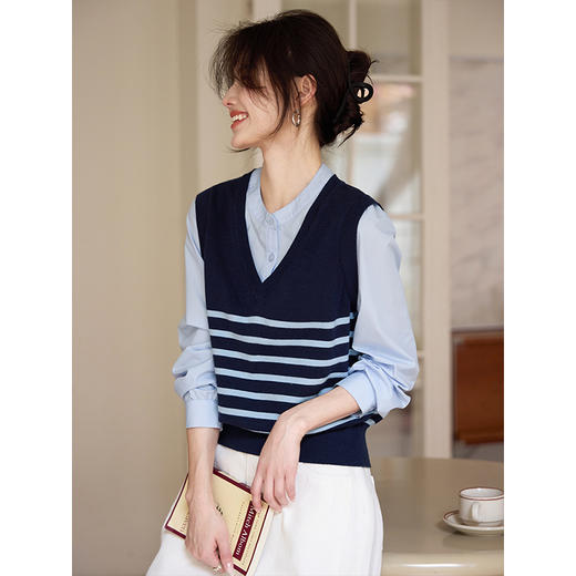 【周四狂欢价】熙世界学院风条纹针织马甲拼接长袖衬衫假两件上衣女2025春秋新款 商品图3