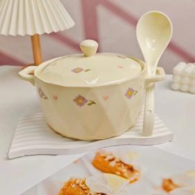 【奶油风汤碗】釉下彩奶油风双耳汤碗大号家用陶瓷带盖泡面碗螺蛳粉汤盆炖汤锅。ry