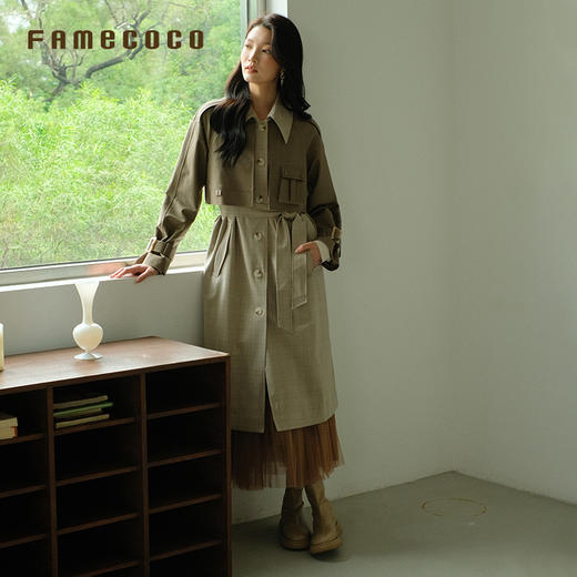 Famecoco商场同款风衣长款假两件拼接高腰翻领通勤春款FAB6AT004 商品图3