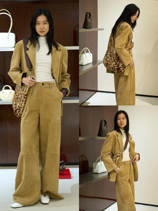 HIDEMI 麂皮大廓形极简西装皮衣阔腿裤套装 商品图3