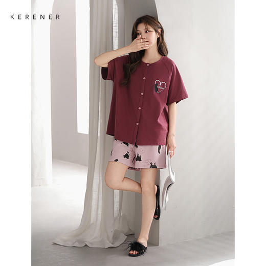 可人儿小众设计师新款奥力绵女士睡衣夏季短袖可外出家居服套装 商品图1