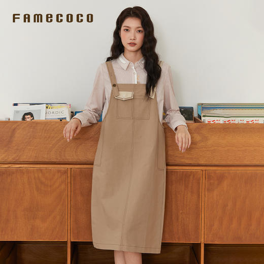 Famecoco文艺范明线宽松直筒纯棉背带连衣裙春秋款FAB6FE001 商品图3