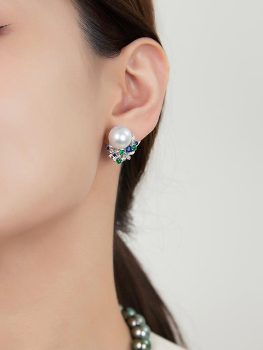 【挚友限定】 悦甄 18k金 澳白珍珠钻石彩宝耳夹 锦绣 商品图1