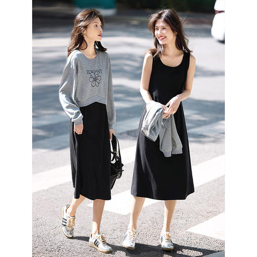 【年终特卖】熙世界春季套装女2025新款灰色花朵短款针织卫衣背心连衣裙两件套 商品图2