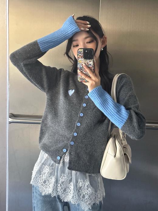 【YW】无忧购韩系拼接撞色爱心logo软糯开衫针织毛衣1918(截单后7天发货) 商品图0