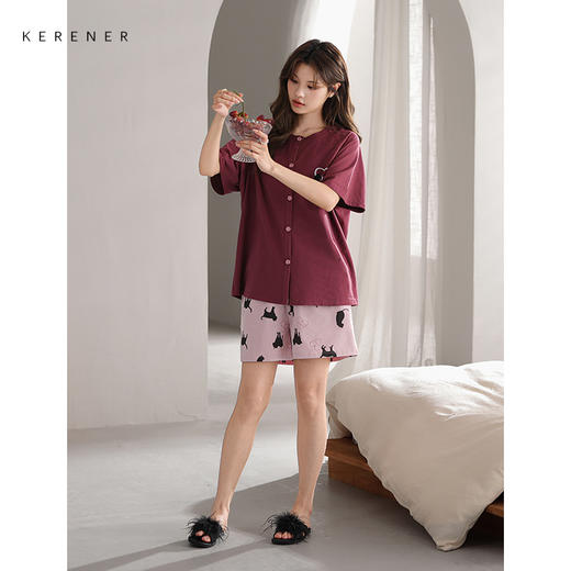 可人儿小众设计师新款奥力绵女士睡衣夏季短袖可外出家居服套装 商品图3