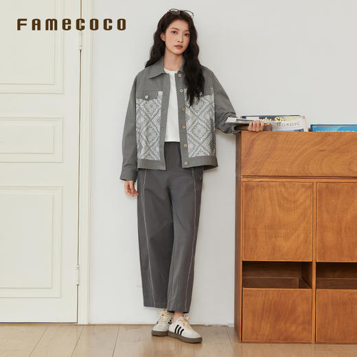 Famecoco范可儿上衣外套纯棉长款拼接时尚碎印花翻领女FAB6AB002 商品图1