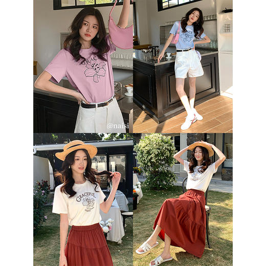 【专属特价】熙世界重工刺绣百合花T恤女短袖2025新款春夏休闲风圆领正肩上衣 商品图1