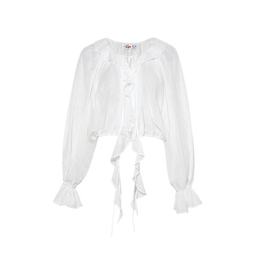 两三事梵高文艺风清云曦2025春新款荷叶边拼接绑带灯笼袖雪纺衫女S25CLS412 商品图4