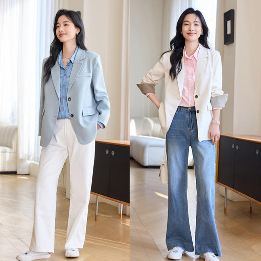 VICTORIA&VERA春季“轻盈呼吸感”气质宽松休闲2粒扣撞色袖口设计感西装外套 商品图8