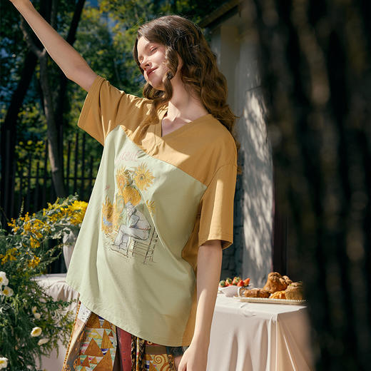 两三事梵高文艺 未完诗 2025春季新款休闲拼布印花v领短袖t恤女S25CT479 商品图1