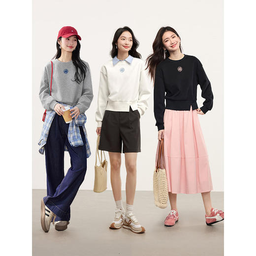 【年终特卖】熙世界运动风开衩收腰卫衣女休闲圆领小个子套头上衣2025春秋新款 商品图1