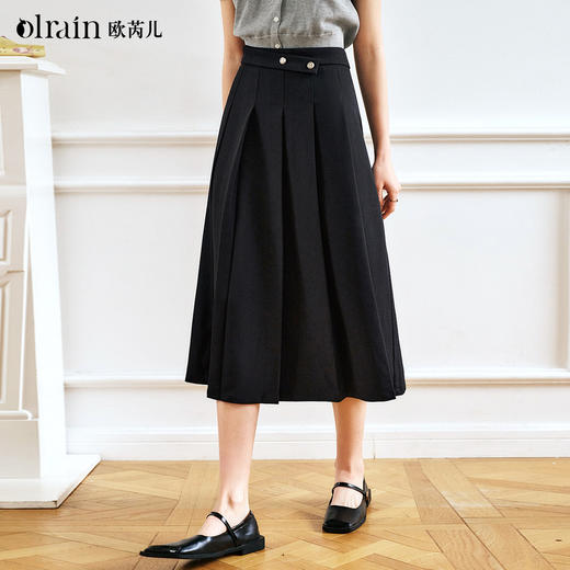 OLrain欧芮儿黑色百褶半身裙女春季2025年新款通勤简约高腰A字裙 商品图0