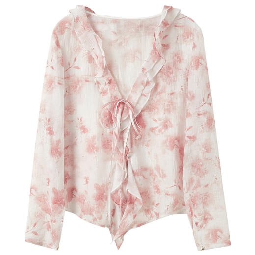 三彩【山樱花落】2025春季新款新中式小衫荷叶边系带开衫罩衫C 商品图4