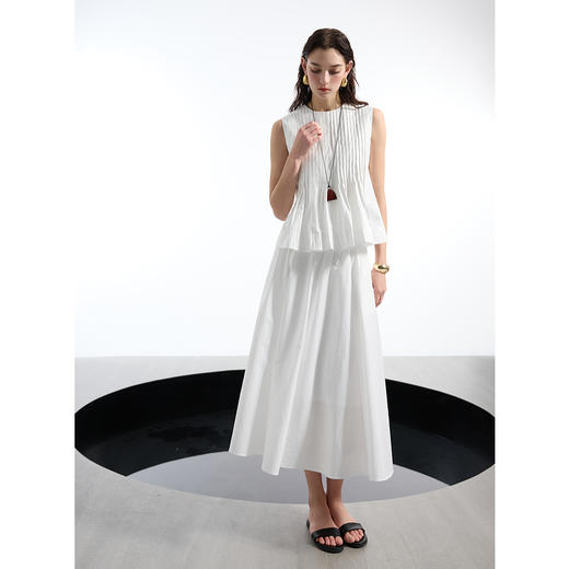 三彩2025春季新款塔克褶娃娃衫衬衫法式碎褶半身裙长裙两件套S 商品图3