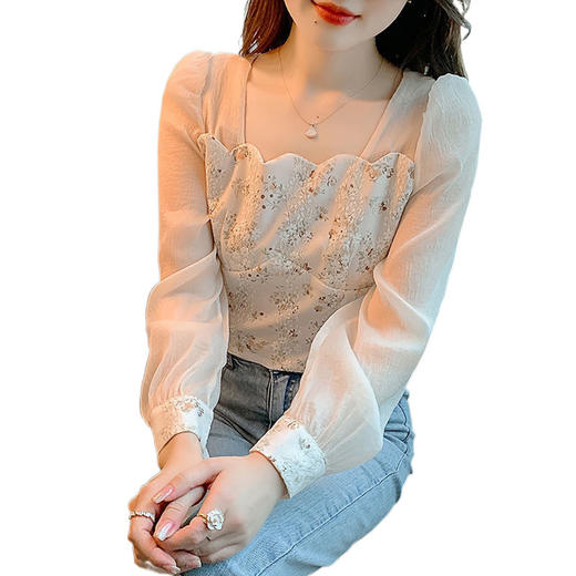 【蕾丝拼接雪纺衬衫】春秋季新款 小清新甜美方领别致碎花上衣小衫 商品图4