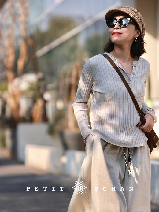 PETIT SCHAN小闪 CLO#728 Invisible 无形 桑蚕丝棉麻竖坑条可打底可外穿四季款亨利领针织衫 商品图1
