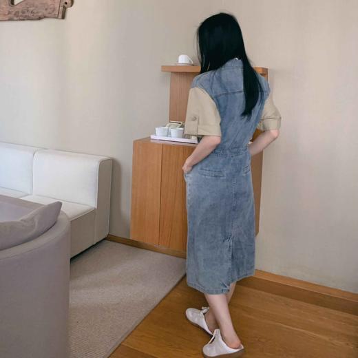 顺丰包邮洛诗琳33714春夏新款设计感撞色拼接短袖牛仔长裙3995 商品图4